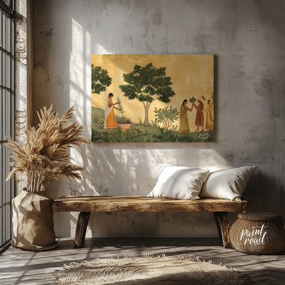 This delicate and serene artwork depicts a moment of ritual and connection in a lush, flowering gar… for entryway