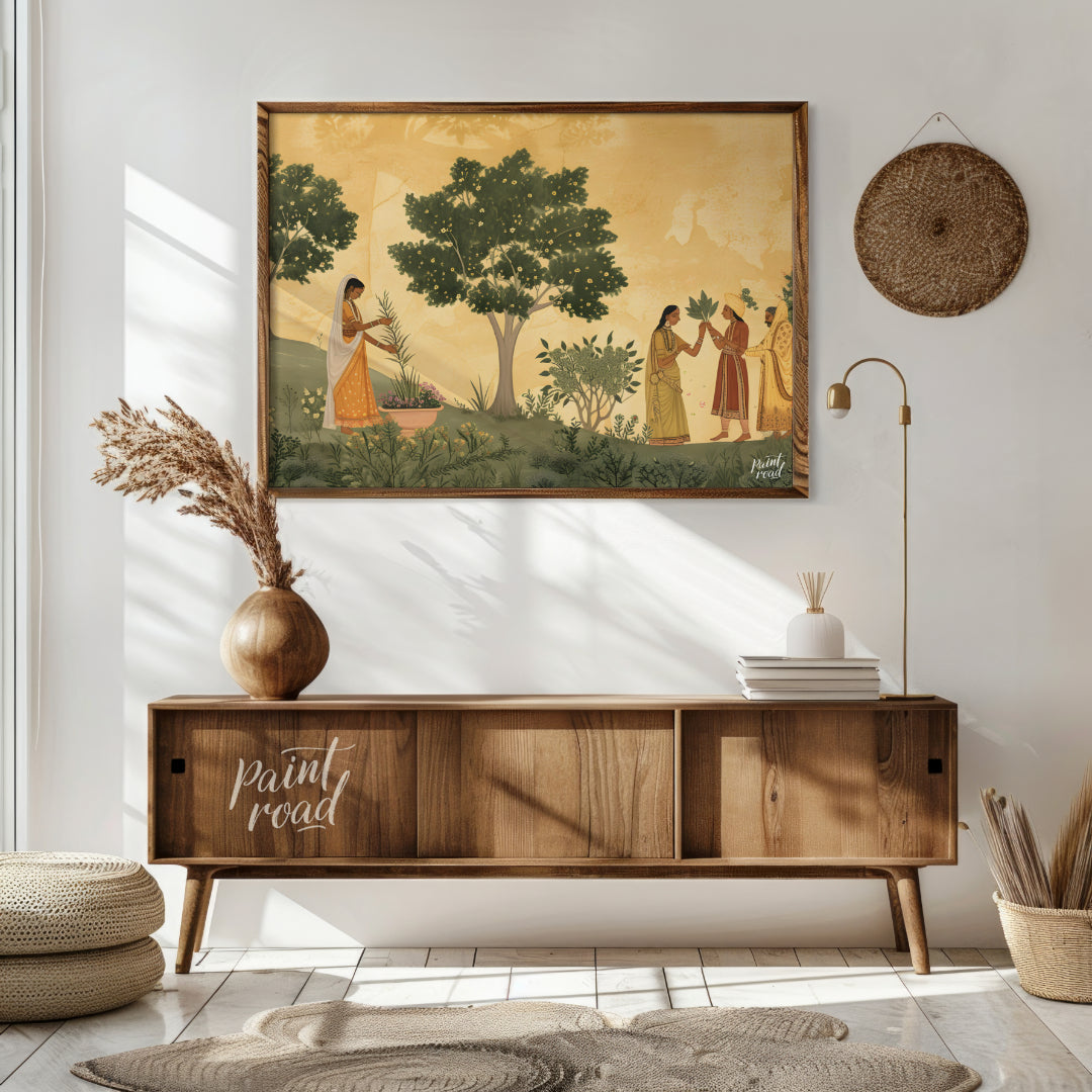 This delicate and serene artwork depicts a moment of ritual and connection in a lush, flowering gar… for living room