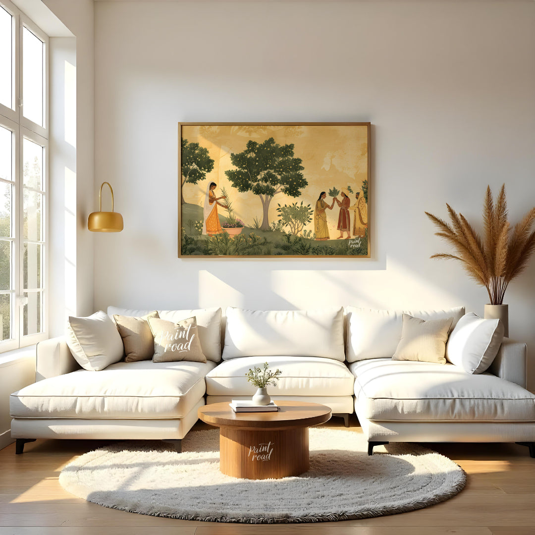This delicate and serene artwork depicts a moment of ritual and connection in a lush, flowering gar… for living room