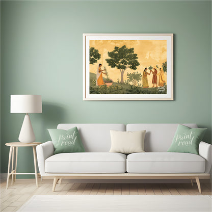 This delicate and serene artwork depicts a moment of ritual and connection in a lush, flowering gar… for living room