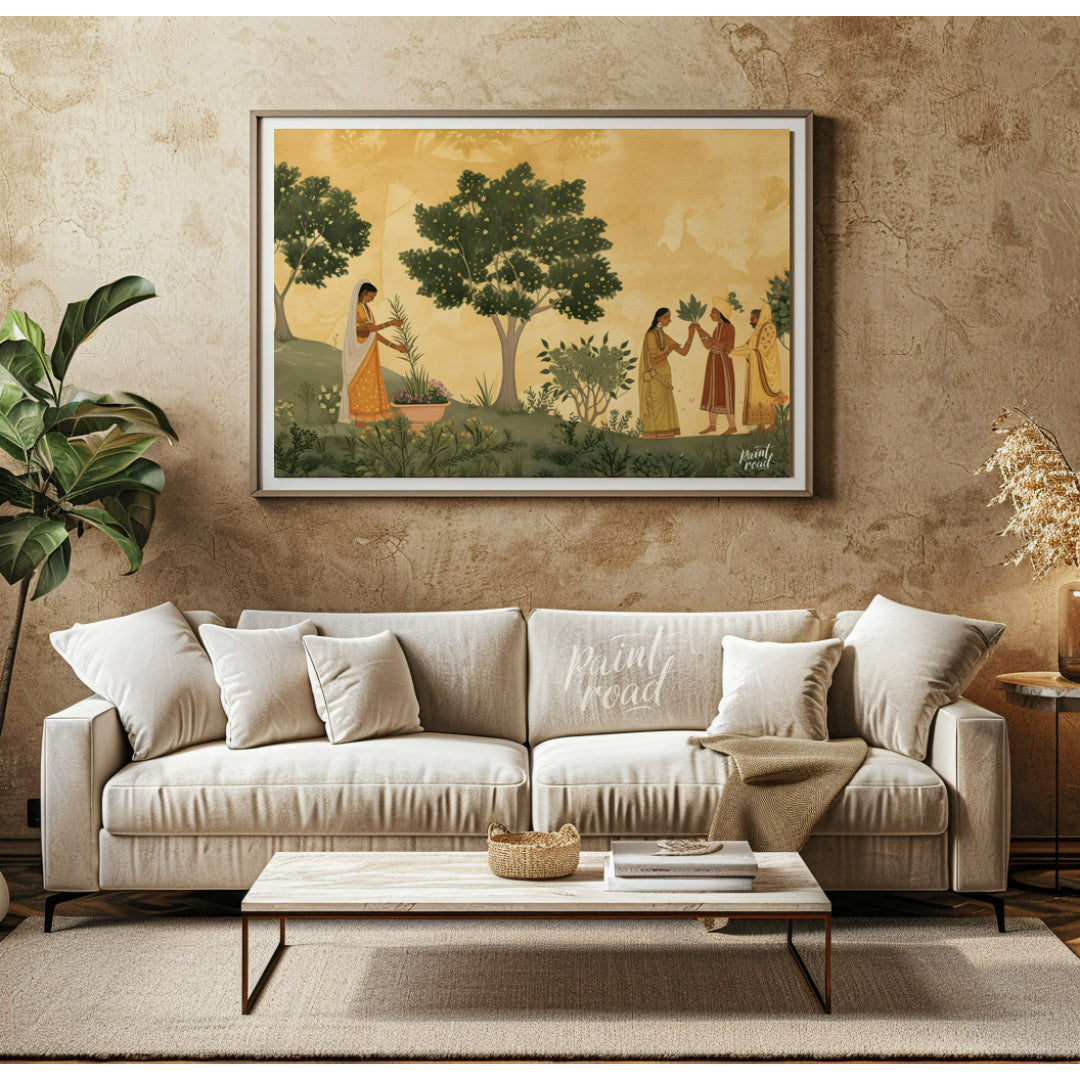 This delicate and serene artwork depicts a moment of ritual and connection in a lush, flowering gar… for living room