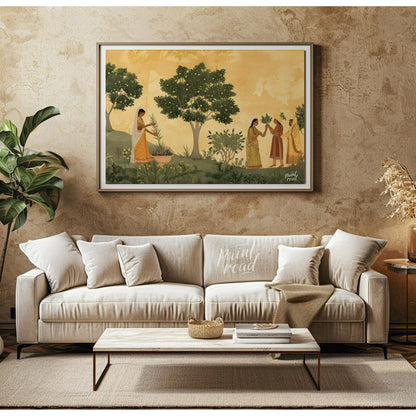 This delicate and serene artwork depicts a moment of ritual and connection in a lush, flowering gar… for living room