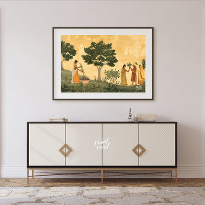 This delicate and serene artwork depicts a moment of ritual and connection in a lush, flowering gar… for living room