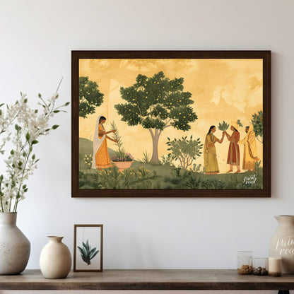 This delicate and serene artwork depicts a moment of ritual and connection in a lush, flowering gar… for living room