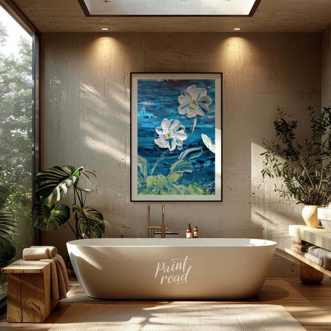This painting showcases two large, white flowers rendered in a bold, impasto style against a dramat… for bathroom