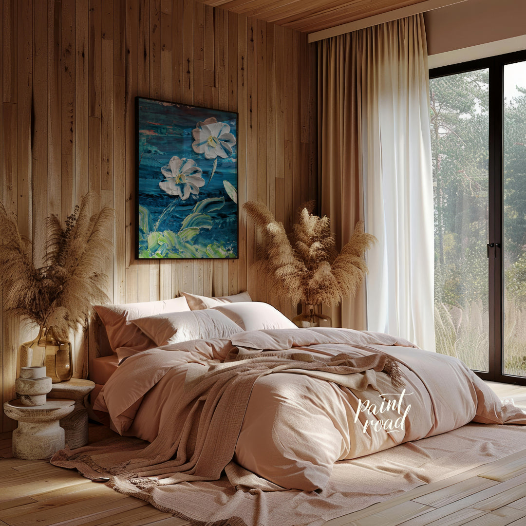 This painting showcases two large, white flowers rendered in a bold, impasto style against a dramat… for bedroom