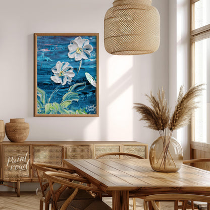 This painting showcases two large, white flowers rendered in a bold, impasto style against a dramat… for dining room