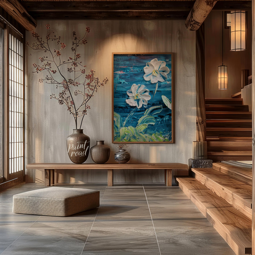 This painting showcases two large, white flowers rendered in a bold, impasto style against a dramat… for entryway