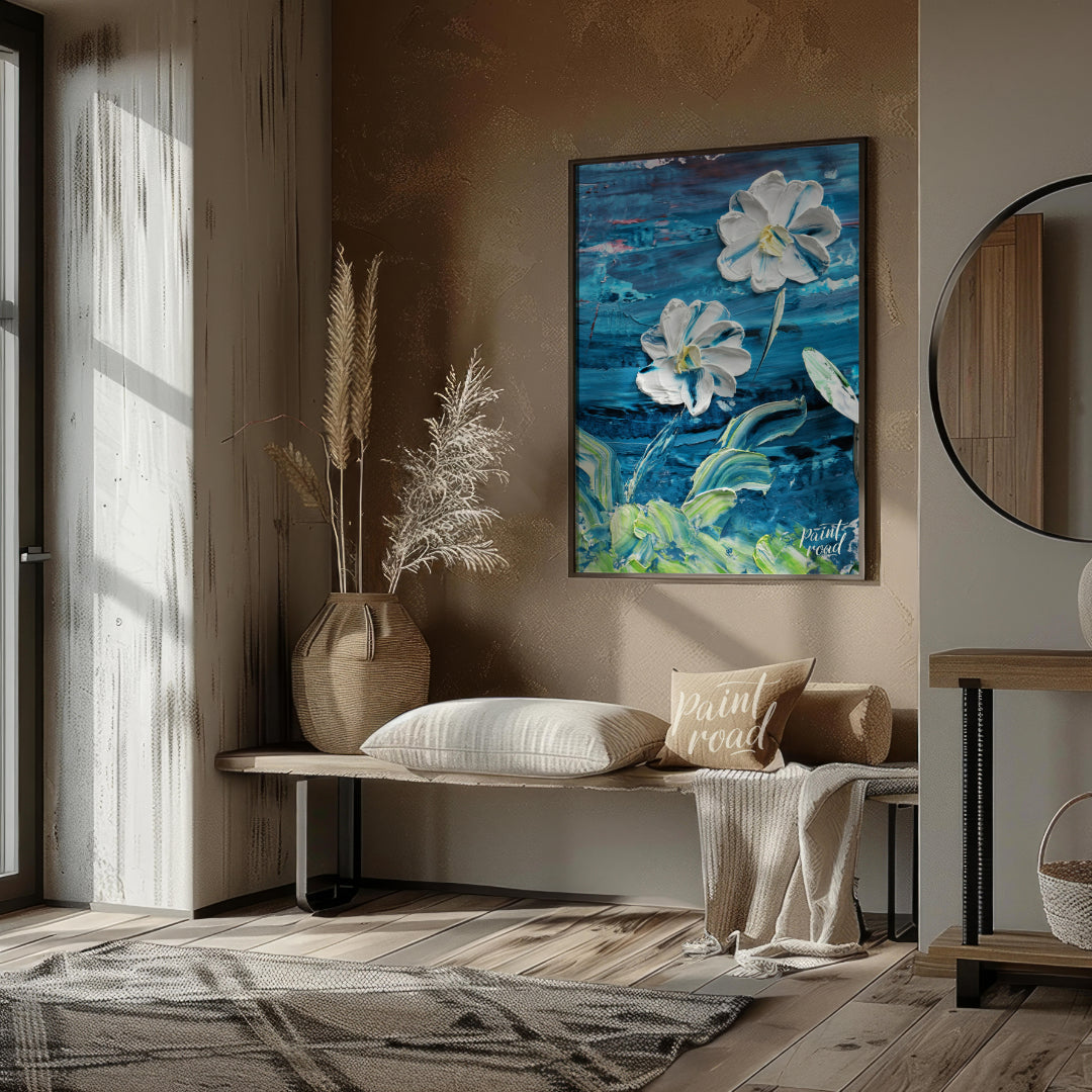 This painting showcases two large, white flowers rendered in a bold, impasto style against a dramat… for entryway