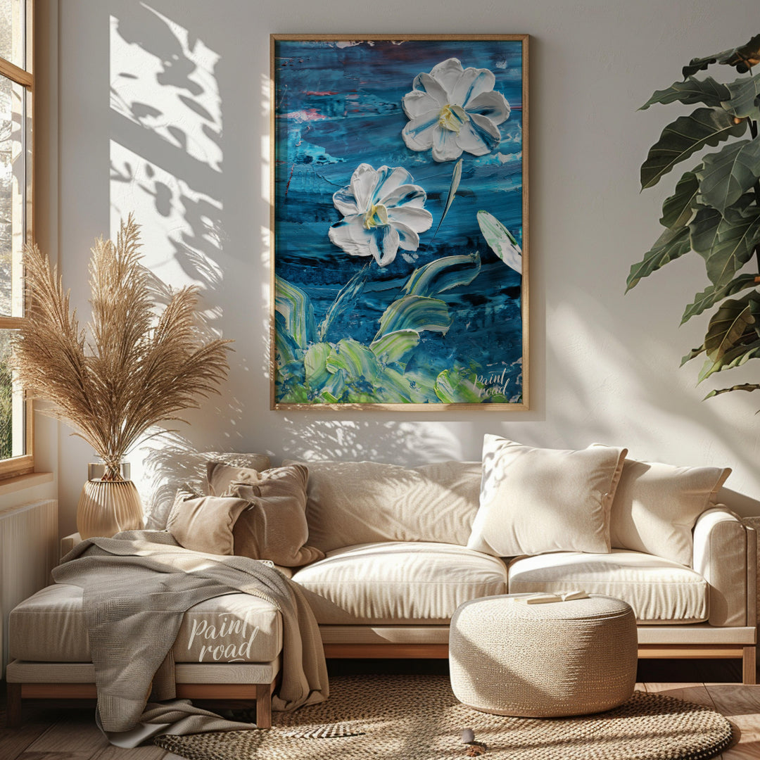 This painting showcases two large, white flowers rendered in a bold, impasto style against a dramat… for living room
