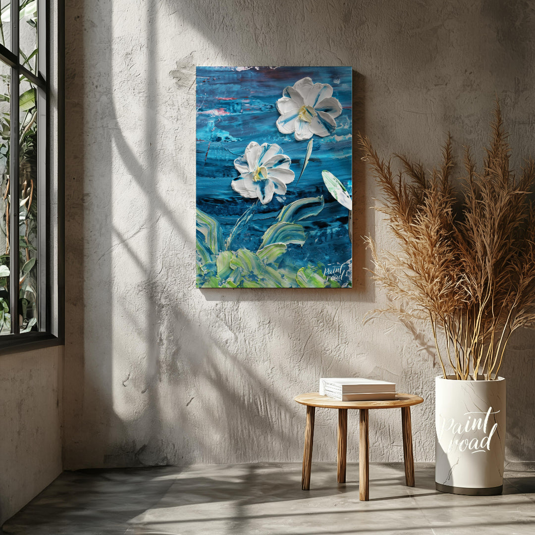 This painting showcases two large, white flowers rendered in a bold, impasto style against a dramat… for living room
