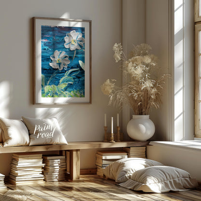 This painting showcases two large, white flowers rendered in a bold, impasto style against a dramat… for living room