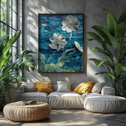 This painting showcases two large, white flowers rendered in a bold, impasto style against a dramat… for living room