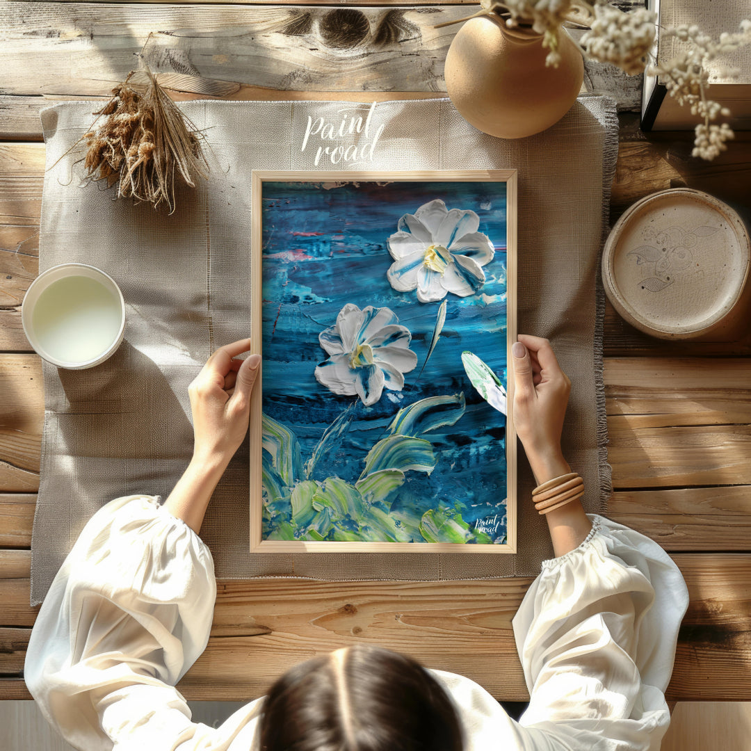 This painting showcases two large, white flowers rendered in a bold, impasto style against a dramat… for other