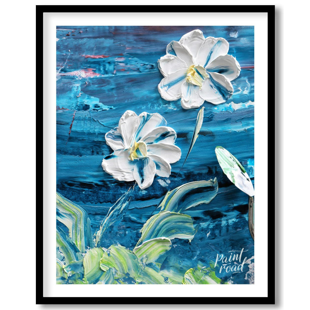 This painting showcases two large, white flowers rendered in a bold, impasto style against a dramat… for sweet home