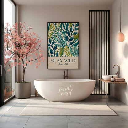This elegant and nature-inspired artwork features a lush, dense pattern of various stylized leaves … for bathroom