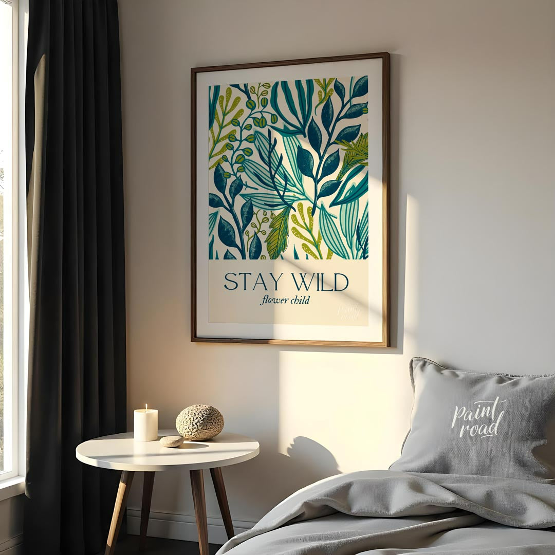 This elegant and nature-inspired artwork features a lush, dense pattern of various stylized leaves … for bedroom