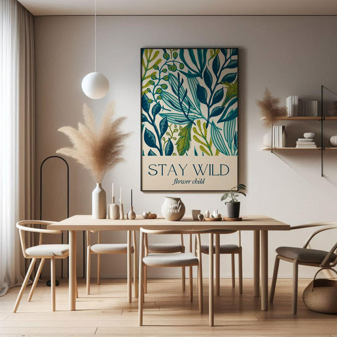 This elegant and nature-inspired artwork features a lush, dense pattern of various stylized leaves … for dining room