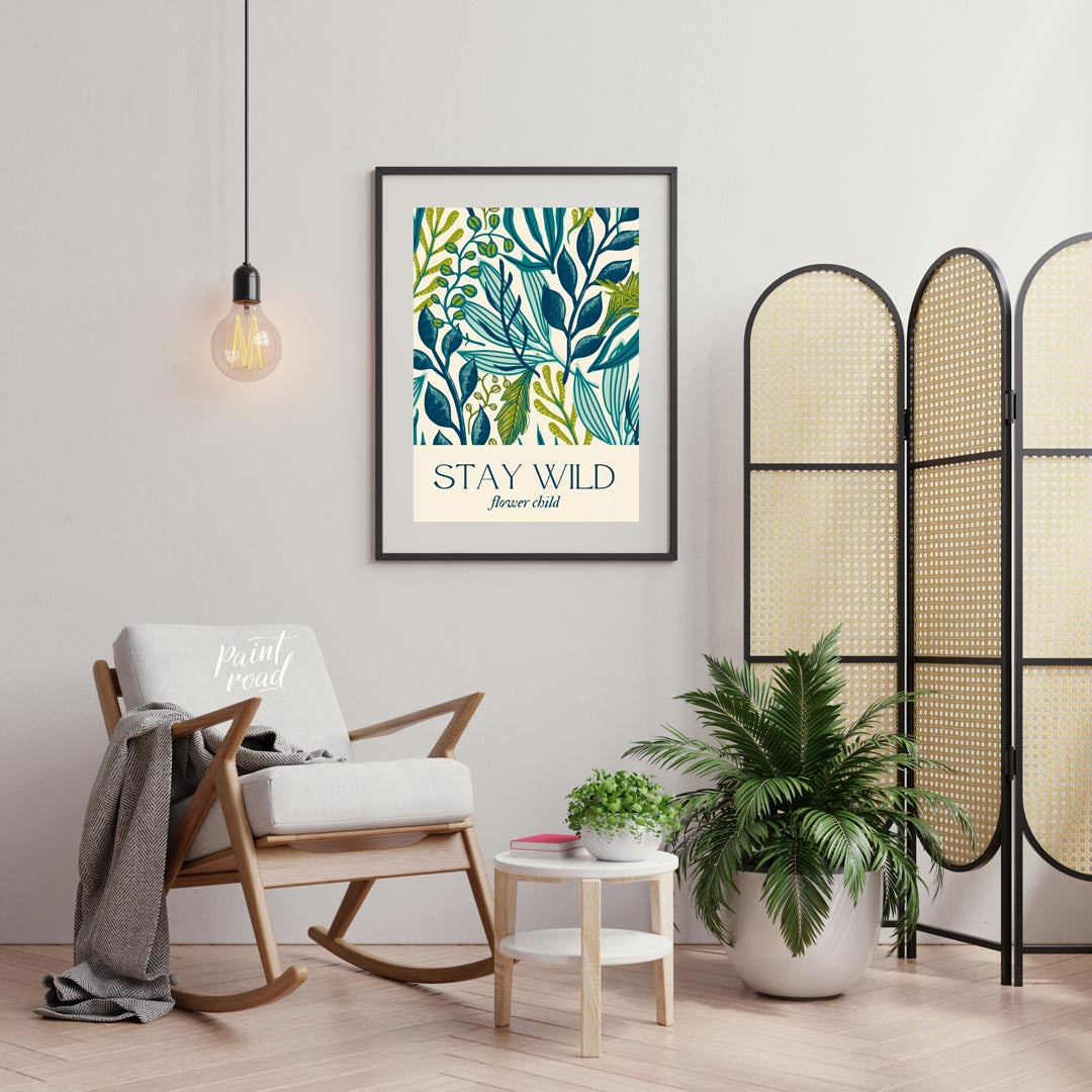 This elegant and nature-inspired artwork features a lush, dense pattern of various stylized leaves … for office