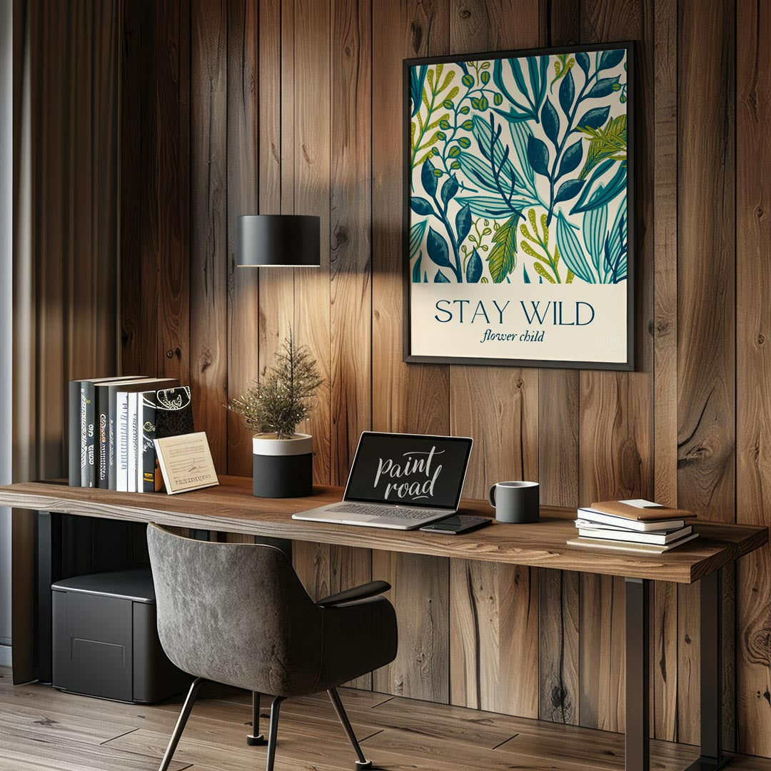 This elegant and nature-inspired artwork features a lush, dense pattern of various stylized leaves … for office