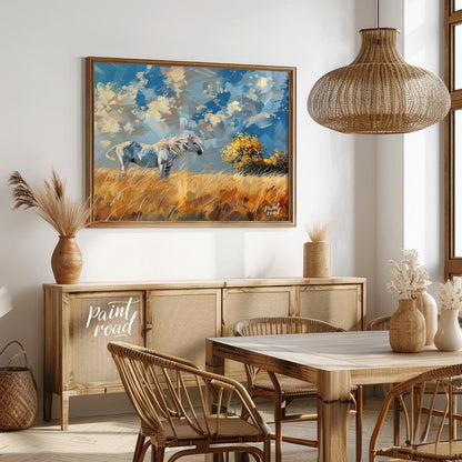 This vibrant artwork captures the untamed spirit of a white horse standing majestically in a golden… for dining room