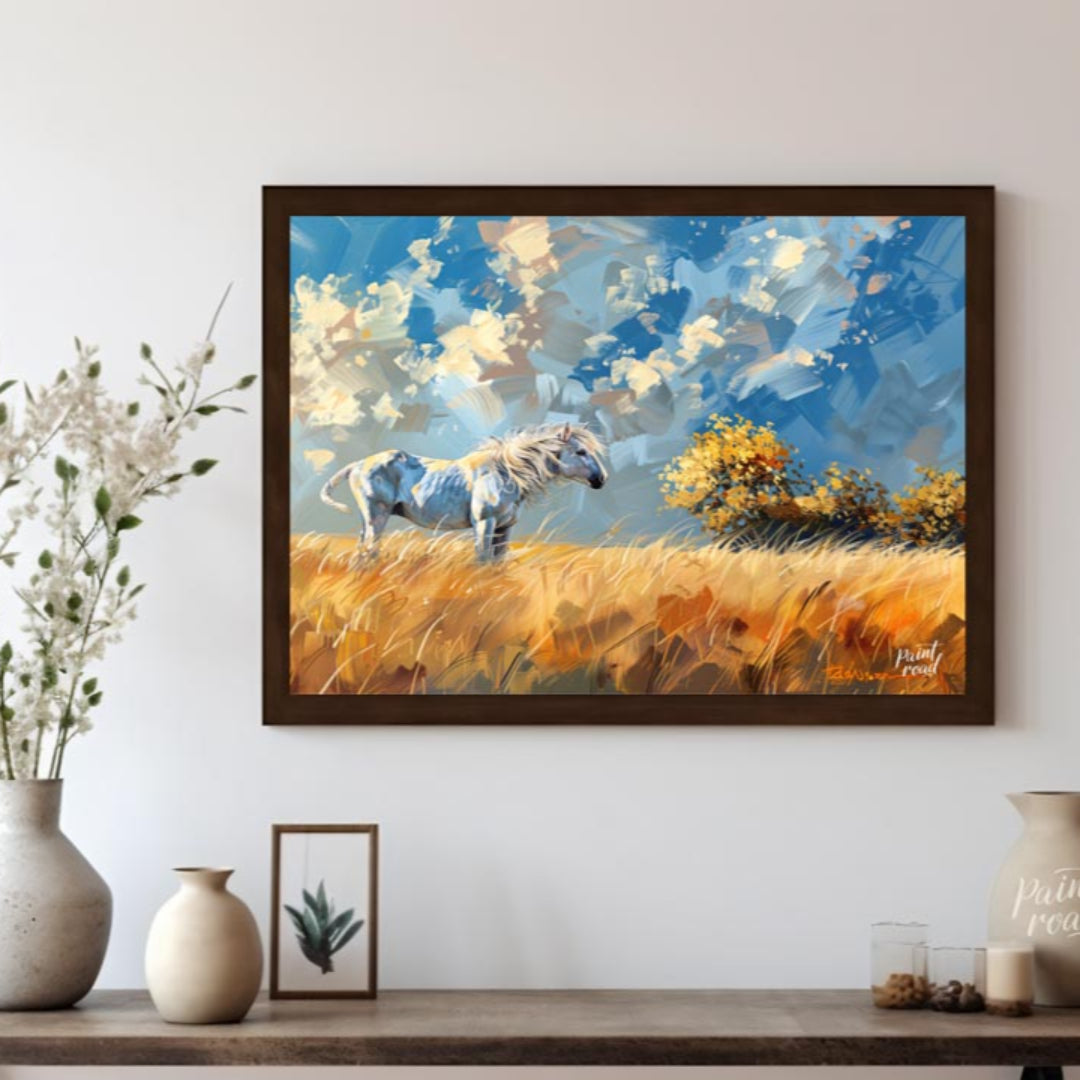 This vibrant artwork captures the untamed spirit of a white horse standing majestically in a golden… for dining room