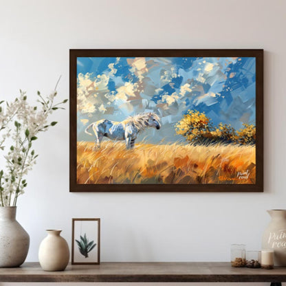 This vibrant artwork captures the untamed spirit of a white horse standing majestically in a golden… for dining room