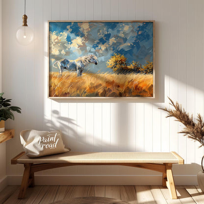This vibrant artwork captures the untamed spirit of a white horse standing majestically in a golden… for entryway