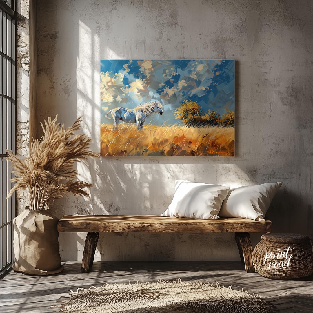 This vibrant artwork captures the untamed spirit of a white horse standing majestically in a golden… for entryway