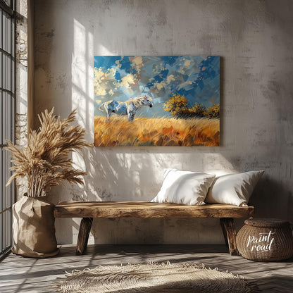 This vibrant artwork captures the untamed spirit of a white horse standing majestically in a golden… for entryway