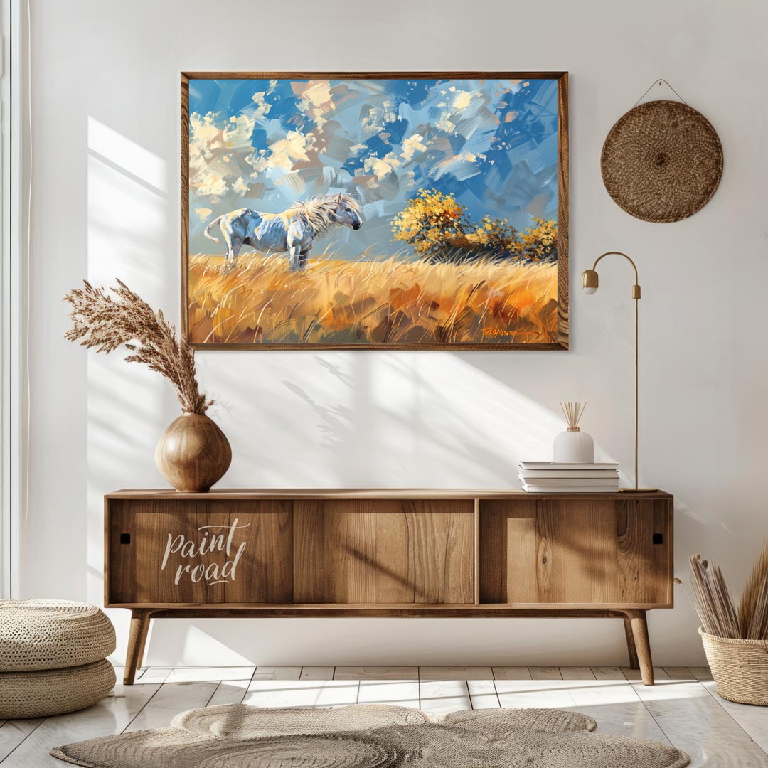 This vibrant artwork captures the untamed spirit of a white horse standing majestically in a golden… for living room