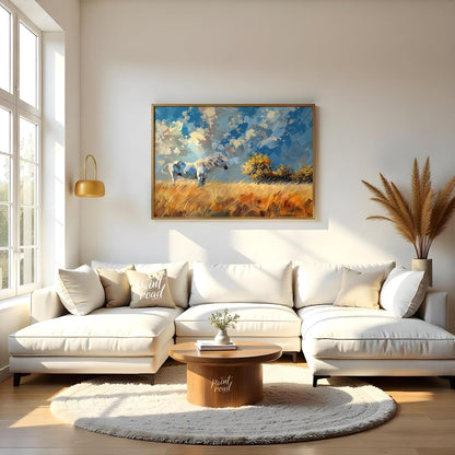 This vibrant artwork captures the untamed spirit of a white horse standing majestically in a golden… for living room