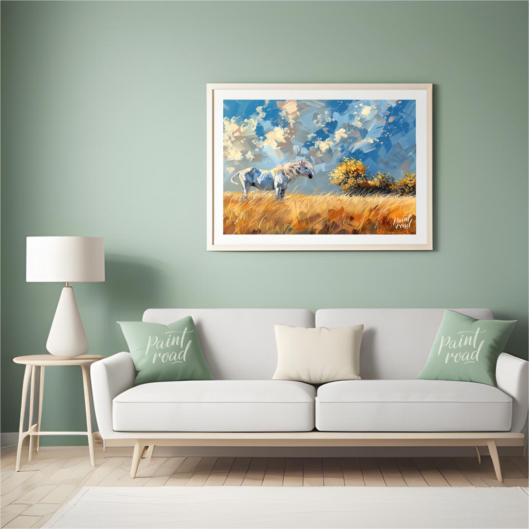 This vibrant artwork captures the untamed spirit of a white horse standing majestically in a golden… for living room