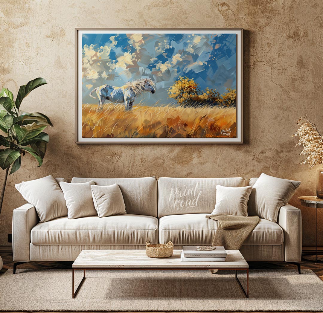 This vibrant artwork captures the untamed spirit of a white horse standing majestically in a golden… for living room