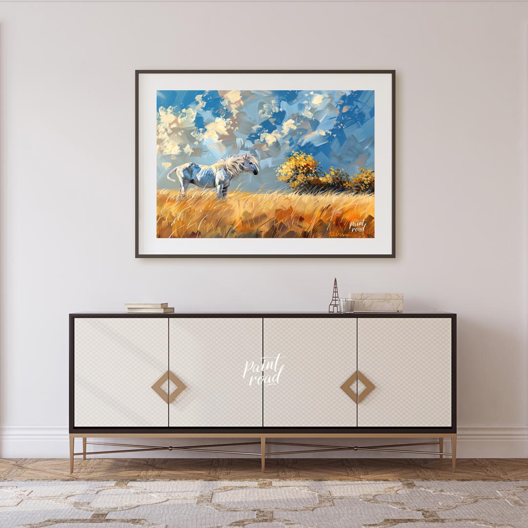 This vibrant artwork captures the untamed spirit of a white horse standing majestically in a golden… for living room