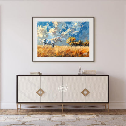 This vibrant artwork captures the untamed spirit of a white horse standing majestically in a golden… for living room