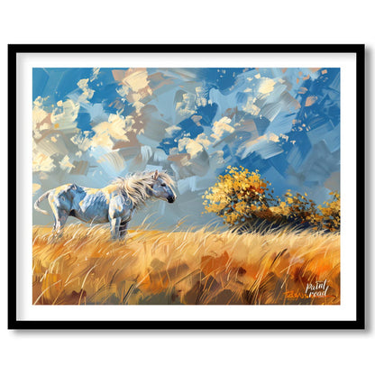 This vibrant artwork captures the untamed spirit of a white horse standing majestically in a golden… for living-space