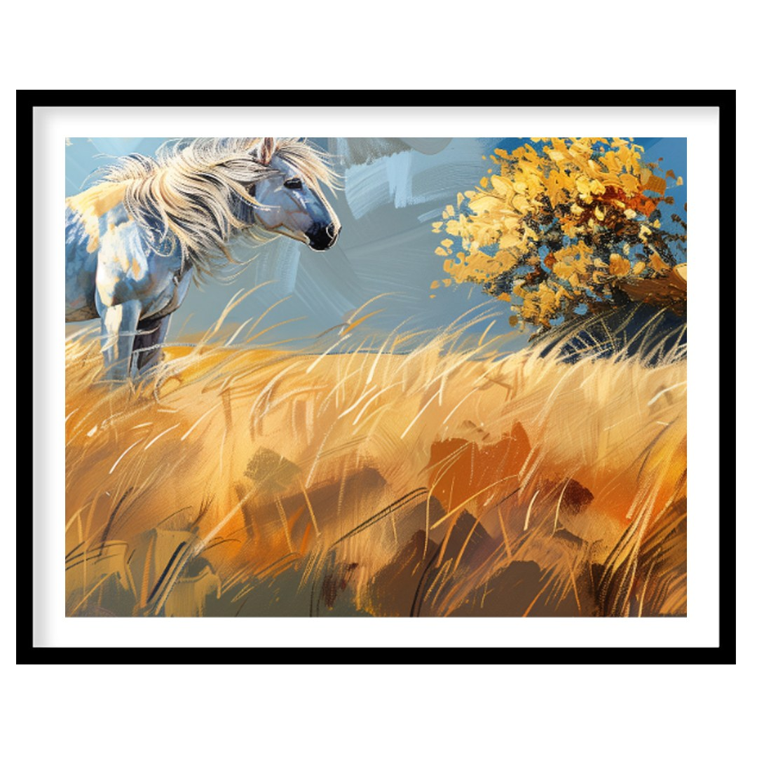 This vibrant artwork captures the untamed spirit of a white horse standing majestically in a golden… for living-space