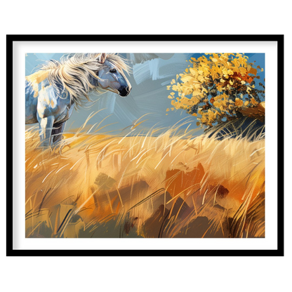 This vibrant artwork captures the untamed spirit of a white horse standing majestically in a golden… for living-space