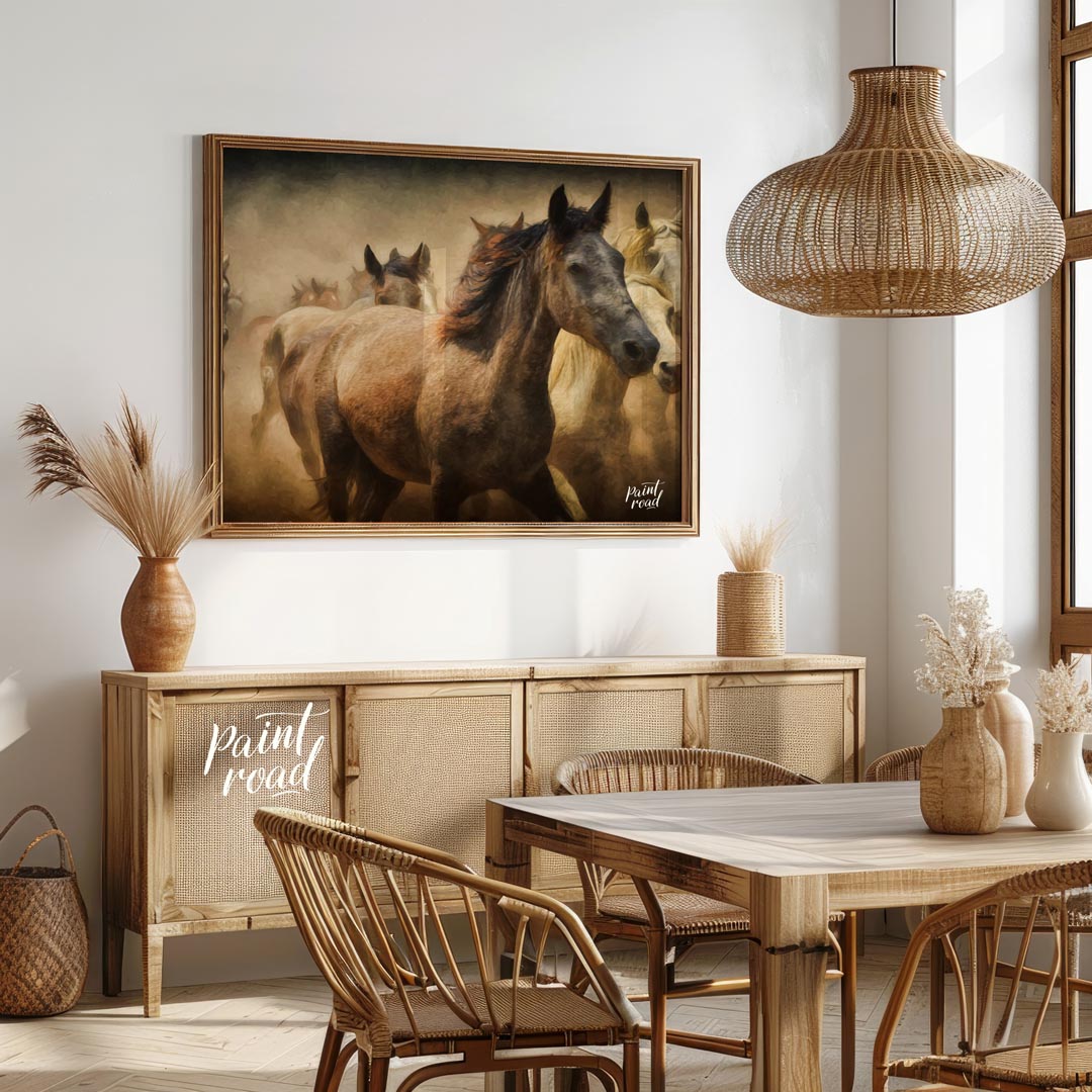 This captivating artwork portrays a herd of wild horses running through a dusty landscape, creating… for dining room