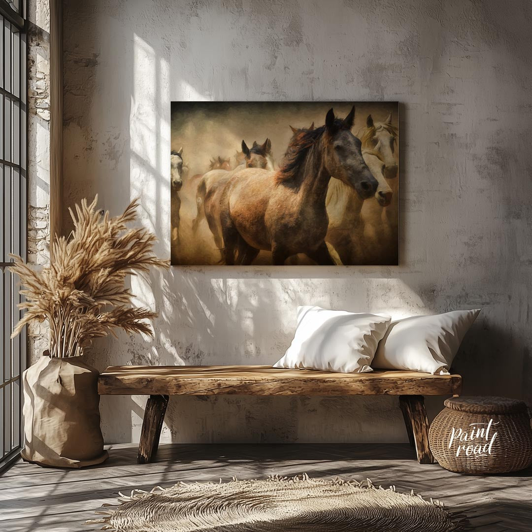 This captivating artwork portrays a herd of wild horses running through a dusty landscape, creating… for entryway