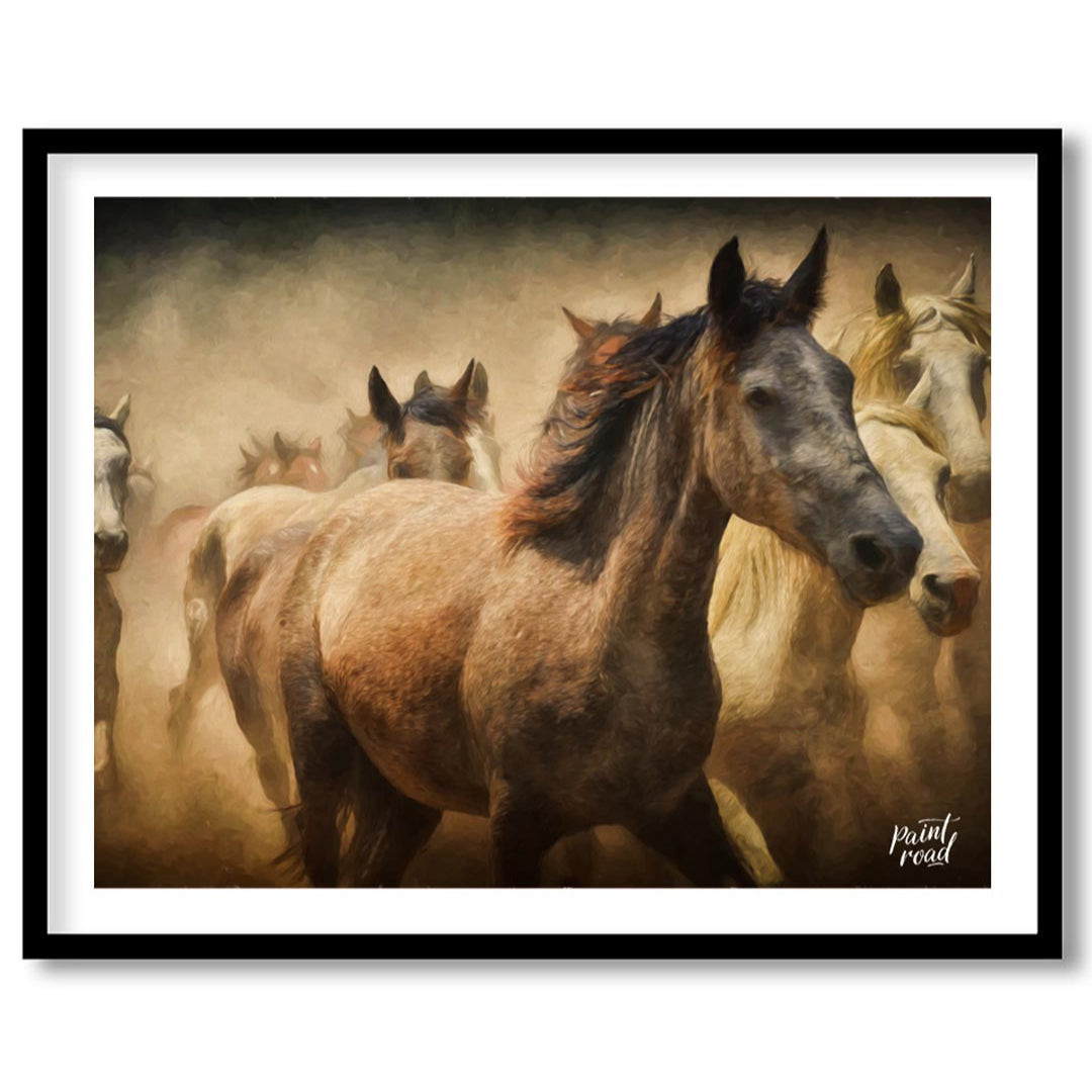 This captivating artwork portrays a herd of wild horses running through a dusty landscape, creating… for haven