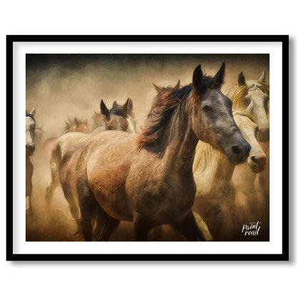 This captivating artwork portrays a herd of wild horses running through a dusty landscape, creating… for haven