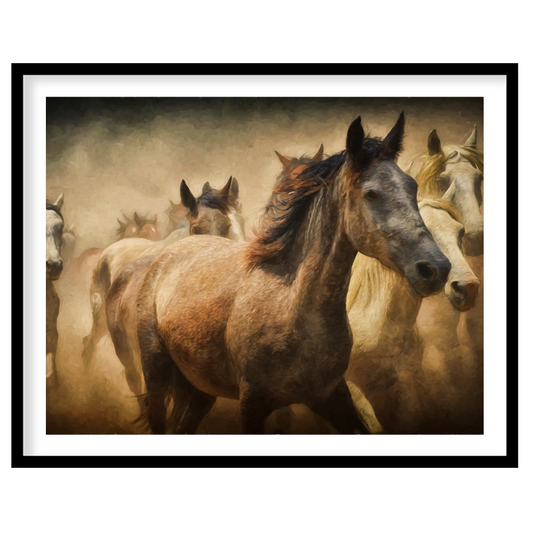 This captivating artwork portrays a herd of wild horses running through a dusty landscape, creating… for haven