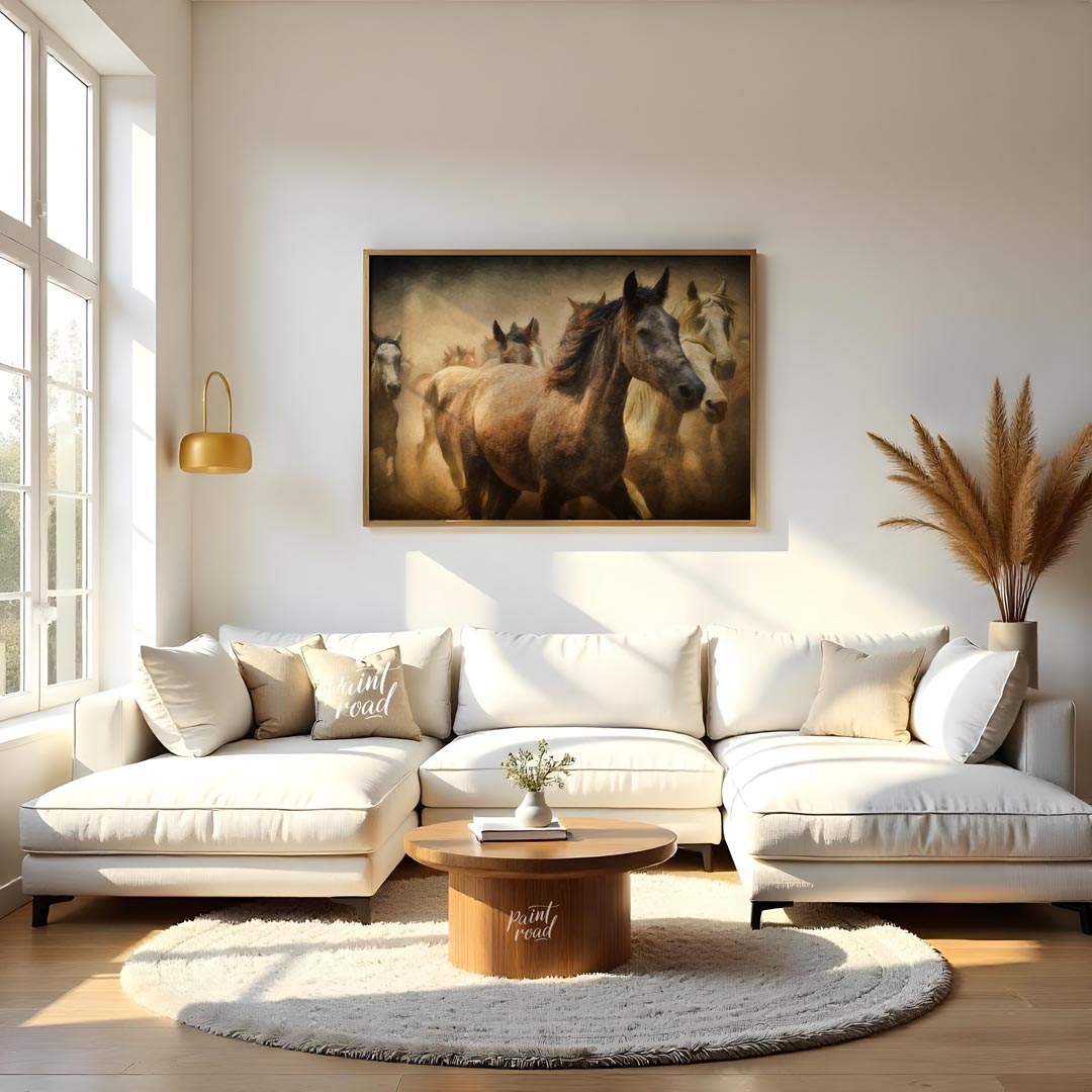 This captivating artwork portrays a herd of wild horses running through a dusty landscape, creating… for living room