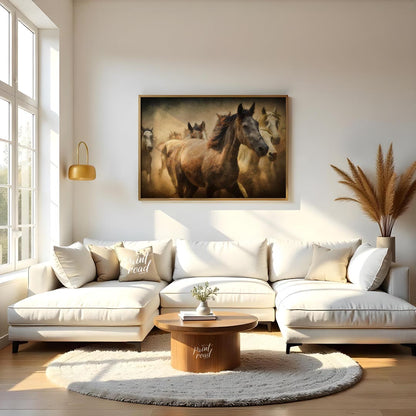 This captivating artwork portrays a herd of wild horses running through a dusty landscape, creating… for living room