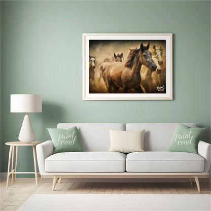 This captivating artwork portrays a herd of wild horses running through a dusty landscape, creating… for living room
