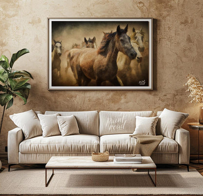 This captivating artwork portrays a herd of wild horses running through a dusty landscape, creating… for living room