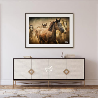 This captivating artwork portrays a herd of wild horses running through a dusty landscape, creating… for living room