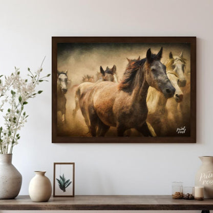 This captivating artwork portrays a herd of wild horses running through a dusty landscape, creating… for living room